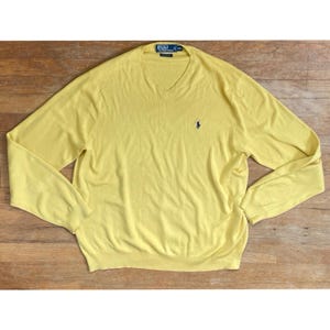 Vintage Mens Polo Ralph Lauren Sweater Size XL/XXL 1990s Yellow Pima Cotton V-Neck Preppy Ivy League