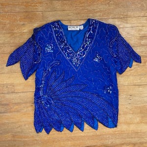Vintage Embellished Silk Womens Top Size Medium 80s Cobalt Blue Iridescent Bead & Sequin Blouse