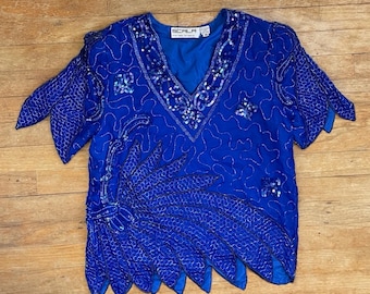 Vintage Embellished Silk Womens Top Size Medium 80s Cobalt Blue Iridescent Bead & Sequin Blouse