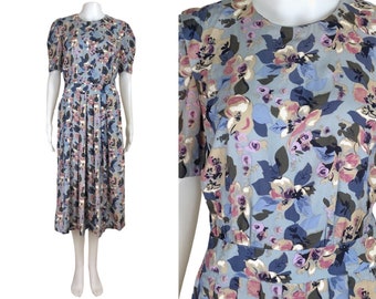 Vintage Floral Print Dress  | 90s Rayon A-Line Shirt Dress | Womens Size Small