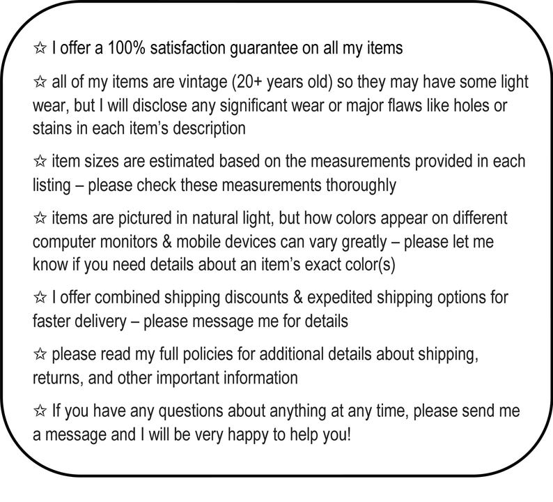 Op de afbeelding: Witte tekst op een zwart afgerond rechthoek. De tekst biedt een 100% tevredenheidsgarantie, beschrijft vintage items en geeft details over maten, kleuren, verzending, retourneren en klantenservice.