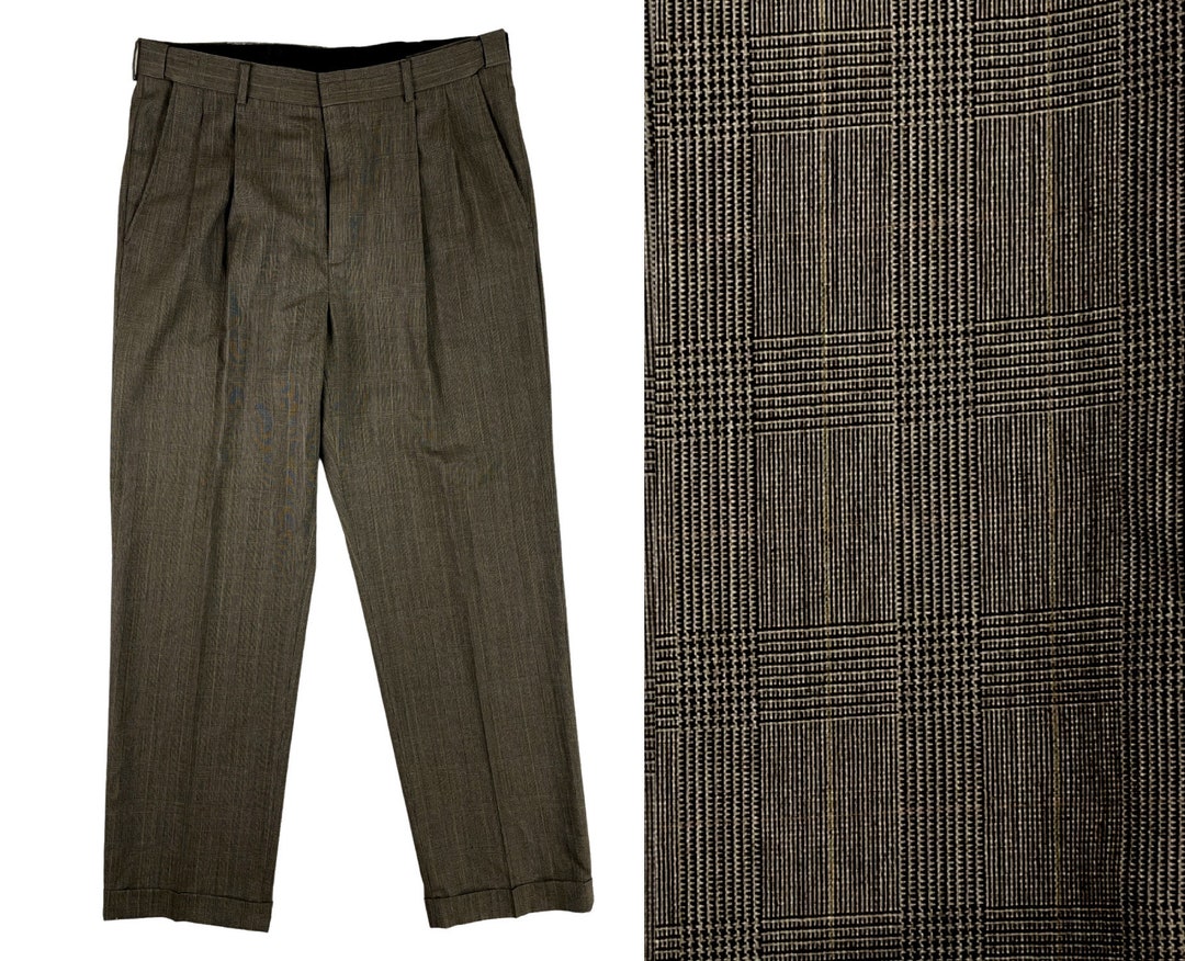 Vintage Mens Plaid Dress Pants 90s Worsted Wool Pleated Etsy