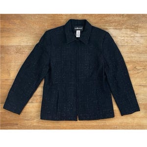 Vintage Black Metallic Tweed Jacket Size Medium 90s Woven Acrylic Tweed Blazer