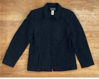 Vintage Black Metallic Tweed Jacket Size Medium 90s Woven Acrylic Tweed Blazer
