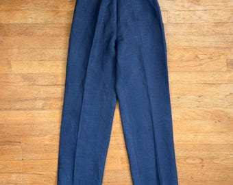 Pantaloni vintage a vita alta in misto lino, taglia XS, girovita 25", anni '90, colore blu.