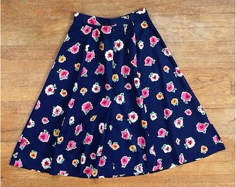 Vintage Floral Print Skirt Size XS 25" Waist 1980s Navy Blue Rayon Full A-Line