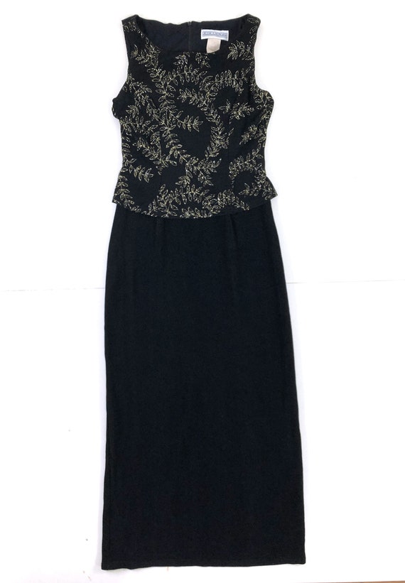 Vintage Black Maxi Dress with Glitter Leaves | 90… - image 2