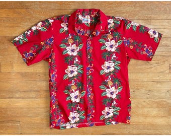 Vintage Mens Hawaiian Shirt Size Large 1970s Red Hula Girl Hibiscus Guitar Print