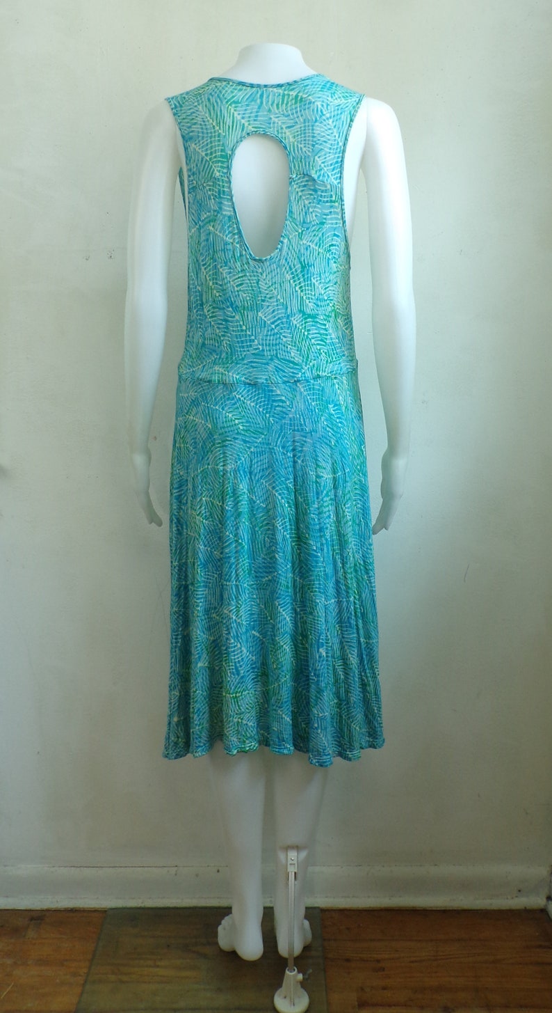 Womens Size MediumLarge 90s Abstract Leaf Print Stretch Knit Rayon Lightweight Sleeveless Dress Vintage Tank Dress