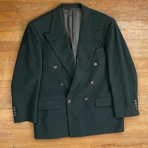 Vintage Mens Camel Hair Blazer Size 42S 1980s Olive Green Double Breasted Jacket Sport Coat
