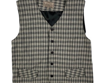 Vintage Plaid Cotton Vest Womens Size Medium | 1990s Beige/Black Button Down Waistcoat