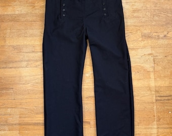 Pantalones marineros de lana sarga vintage para hombre, talla 42x33 de cintura, estilo años 90, color negro, pierna ancha.