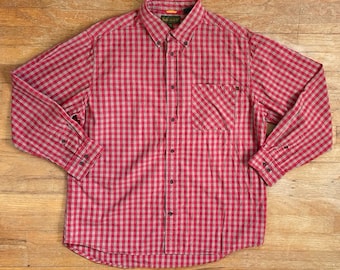 Vintage Mens Timberland Shirt Size XL 1990s Red/Beige 100% Cotton Checkered Collared Button Down