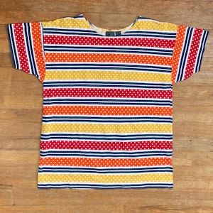 Vintage Striped Polka Dot Top Womens Size Medium/Large 1980s Colorful Knit Cotton Shirt