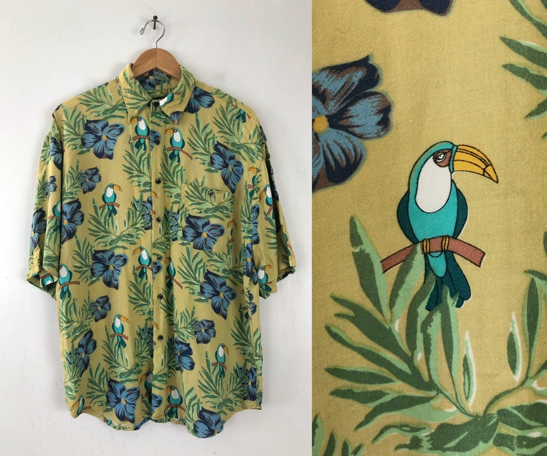 90s Toucan Bird Tropical Floral Print Shirt Vintage Mens Hawaiian Shirt Mens Size Large