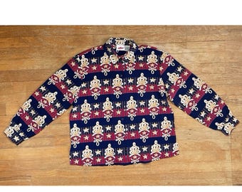 Blusa vintage con estampado náutico, talla grande, estilo años 90. Camisa con estampado de rayas, nudos y estrellas.