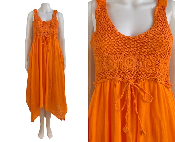 Vintage Orange Handkerchief Dress 90s Macrame Bodice Gauze Cotton