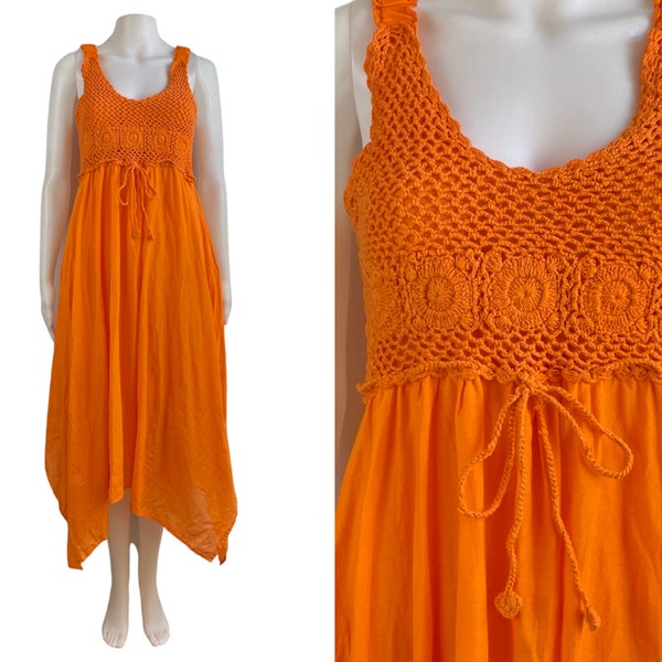 Vintage Orange Handkerchief Dress | 90s Macrame Bodice Gauze Cotton Dress | Womens Size Small