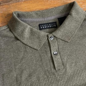 Vintage Mens Knit Polo Shirt Size Size XL/XXL 1990s Olive Green Ribbed Long Sleeve Collared image 3