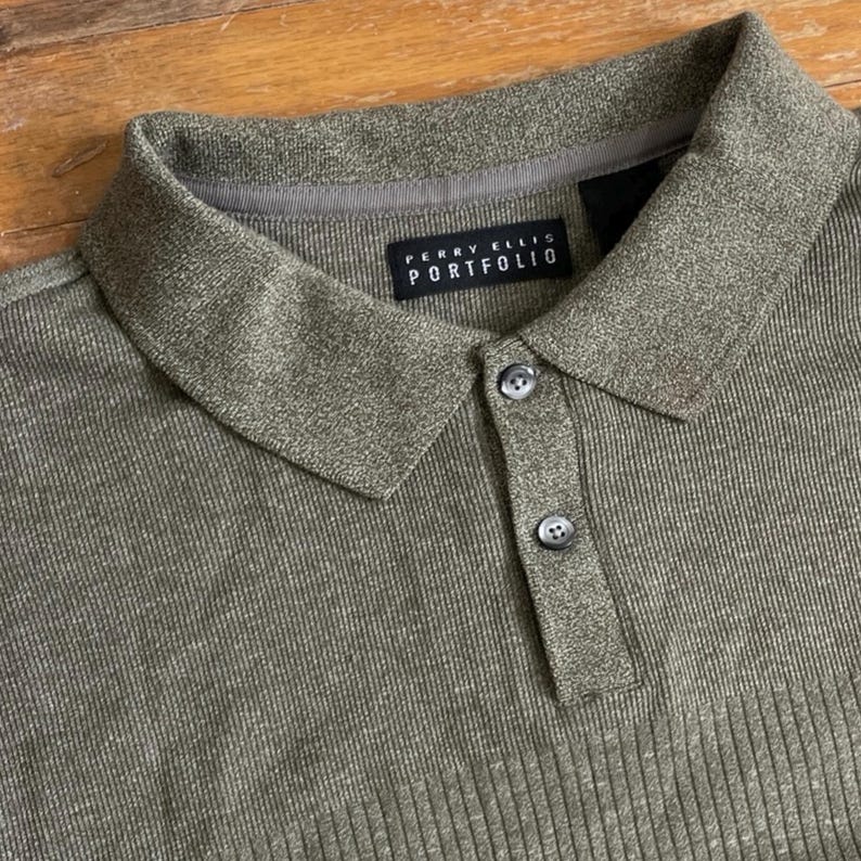 Vintage Mens Knit Polo Shirt Size Size XL/XXL 1990s Olive Green Ribbed Long Sleeve Collared image 3