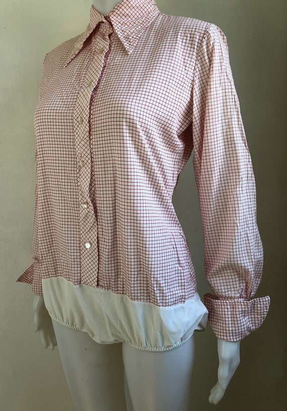 Vintage Plaid Cotton Bodysuit | 70s Checkered Button … - Gem