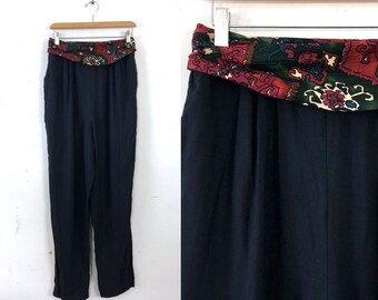 Vintage Drop Crotch Harem Pants | 80s Hight Waist Black Rayon Pants with Pockets | Womens Size Medium/Large | 30-32" Waist