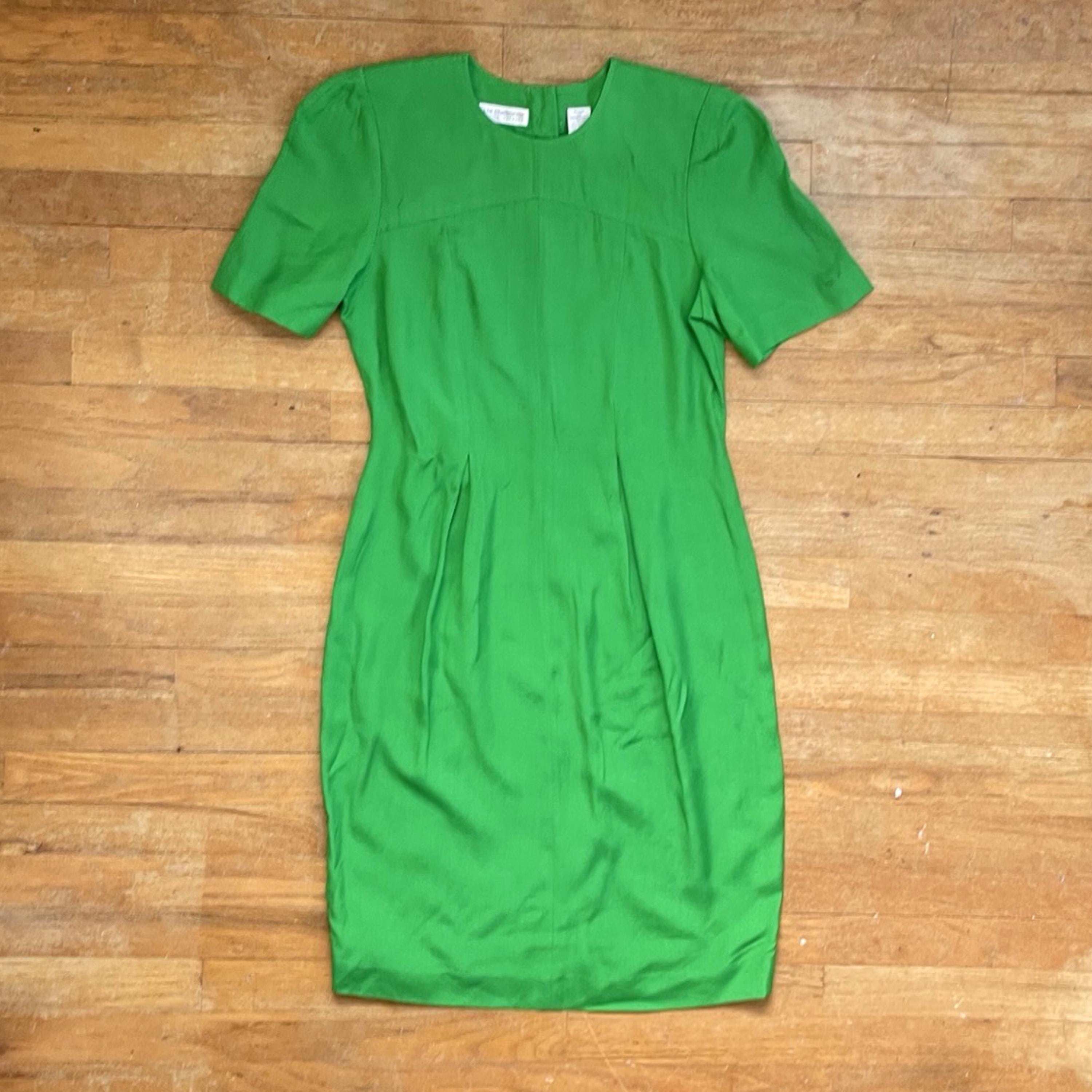 Vintage Bright Green Dress Size Medium 1980s Woven Rayon/Silk Midi