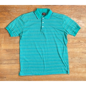 Vintage Mens Striped Polo Shirt Size Medium 1970s Teal Fine Knit Cotton Collared