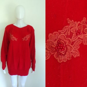 90s angora sweater size medium, red rabbit hair wool floral lace beaded detail boat neck sweater, 1990s womens jumper