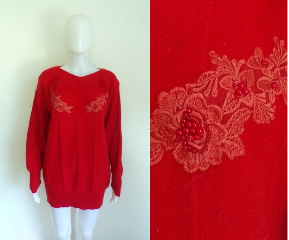 90s angora sweater size medium, red rabbit hair w… - image 1