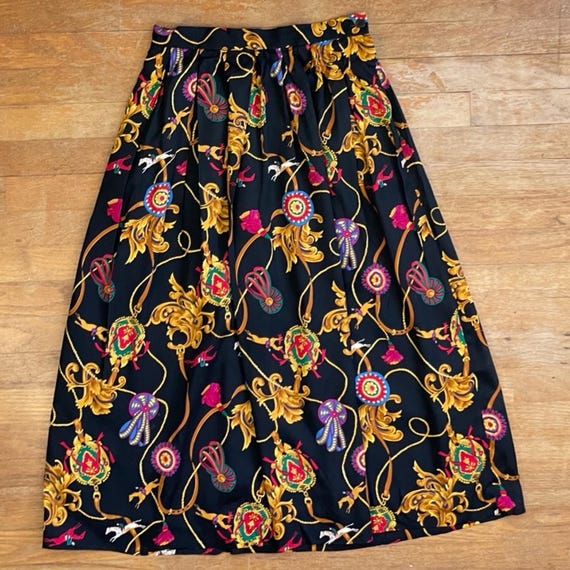 Vintage Equestrian Print Skirt  Size Small 28" Waist 1980s Susan Bristol Jockey Horses Rayon Pockets