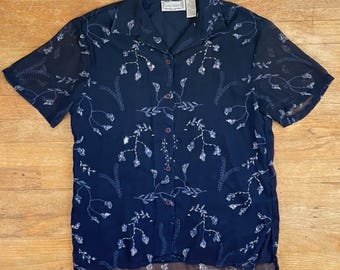Vintage Embellished Floral Blouse Size S/M 1990s Navy Blue Beaded & Sequin Top