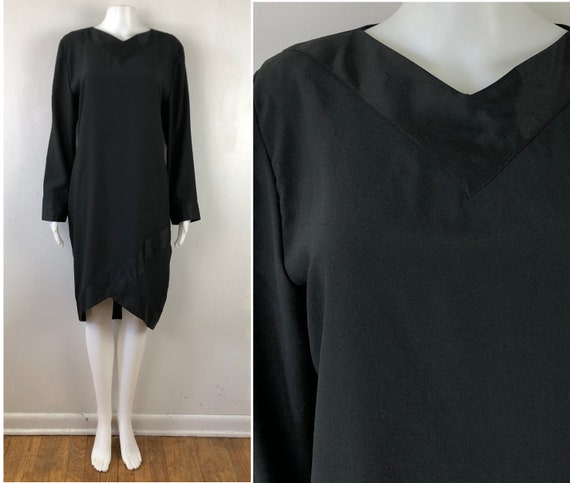 Vintage Crepe & Satin Dress | 70s Black Sheath Dr… - image 1