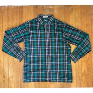 Vintage Mens Teal Plaid Shirt Size Medium 1970s Tartan Button Down Collared