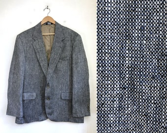 Vintage Mens Woven Silk Blazer | 70s Blue/Beige/White Sport Coat Jacket | Mens Size 44R