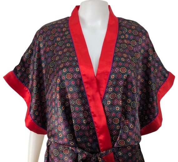 Vintage Satin Robe | 90s Geometric Floral Print B… - image 7