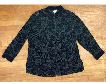 vintage chemisier en velours écrasé burn-out grande taille 1 X années 1990 violet/noir floral