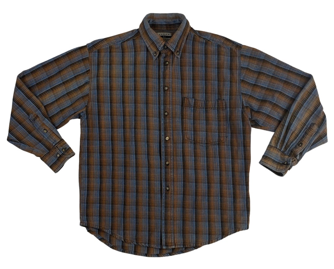 Retro Plaid cold shoulder cotton blend Shirt. L ... ^^^