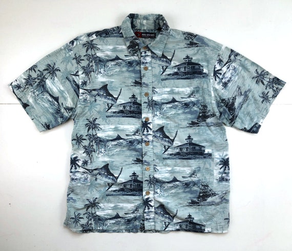 Vintage Mens Fishing Shirt 90s Nautical Swordfish & Palm Tree Shirt Mens  Size Large 