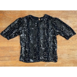 Vintage Embellished Silk Top Size Small 80s Black Iridescent Bead Sequin Blouse
