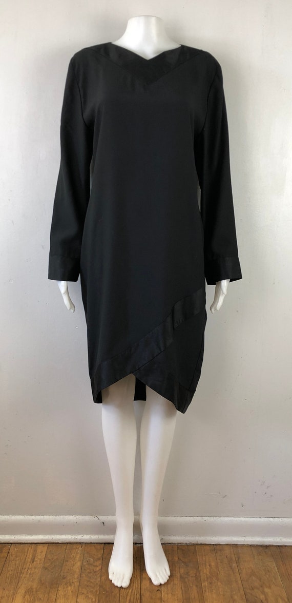 Vintage Crepe & Satin Dress | 70s Black Sheath Dr… - image 10