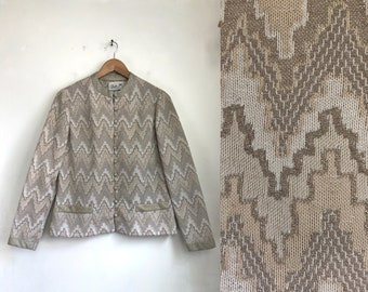 Vintage Metallic Gold Jacket | 60s Chevron Poly Knit Shiny Lurex Lightweight Jacket | Womens Size Small