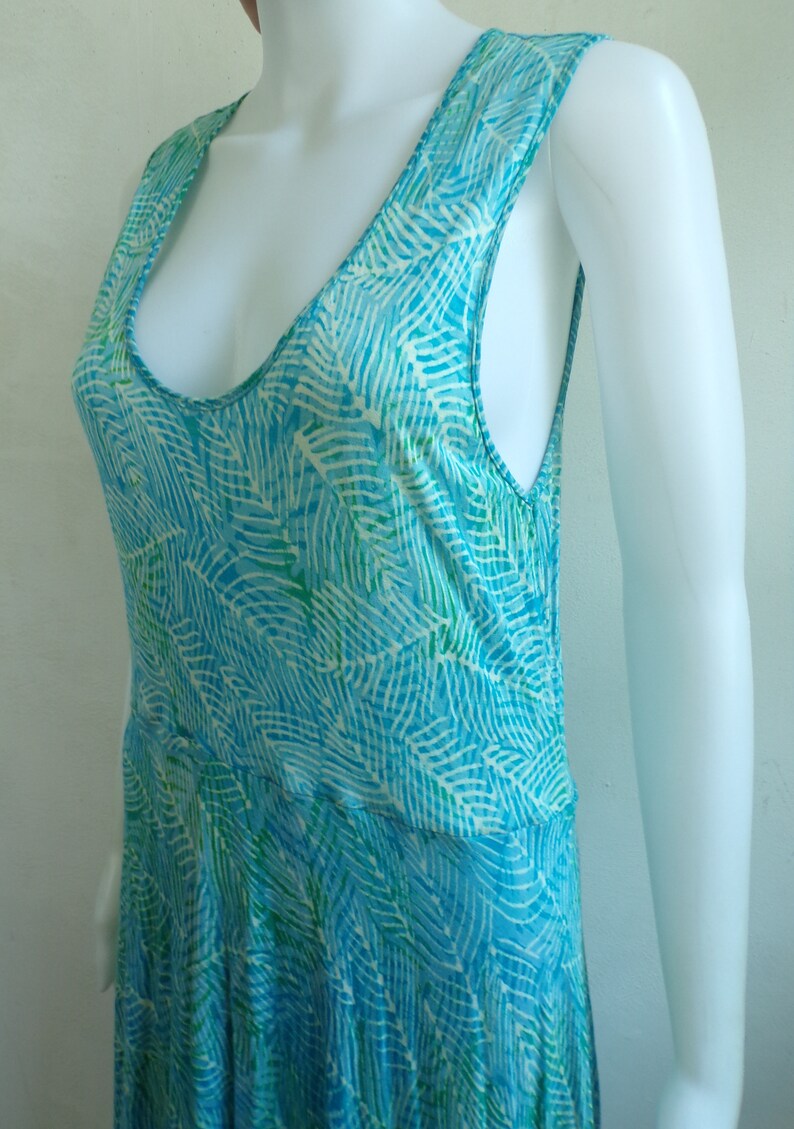 Womens Size MediumLarge 90s Abstract Leaf Print Stretch Knit Rayon Lightweight Sleeveless Dress Vintage Tank Dress