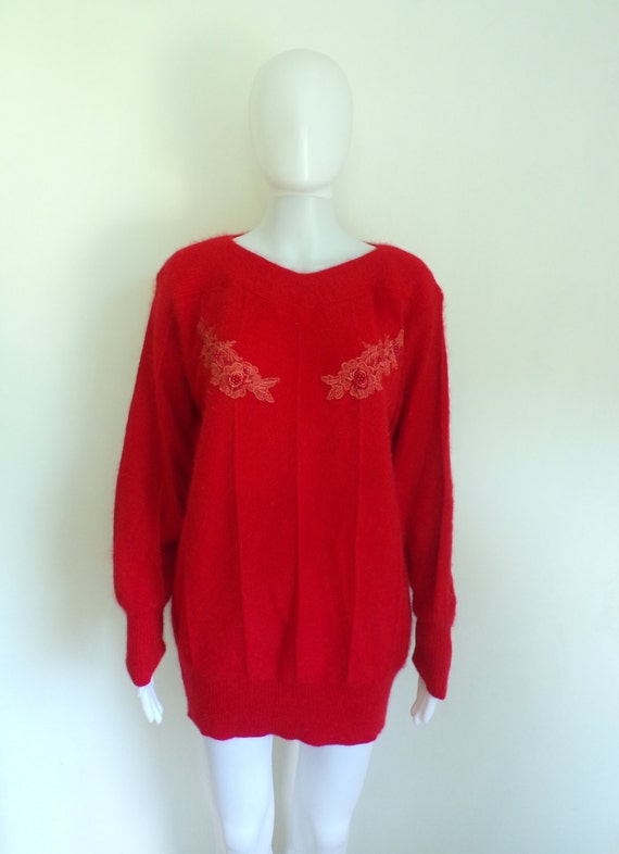 90s angora sweater size medium, red rabbit hair w… - image 2