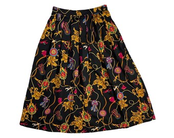 Vintage Equestrian Print Skirt | Womens Size Small/Medium | 28-29" Waist | 80s Susan Bristol Jockey Horses Rayon Pockets