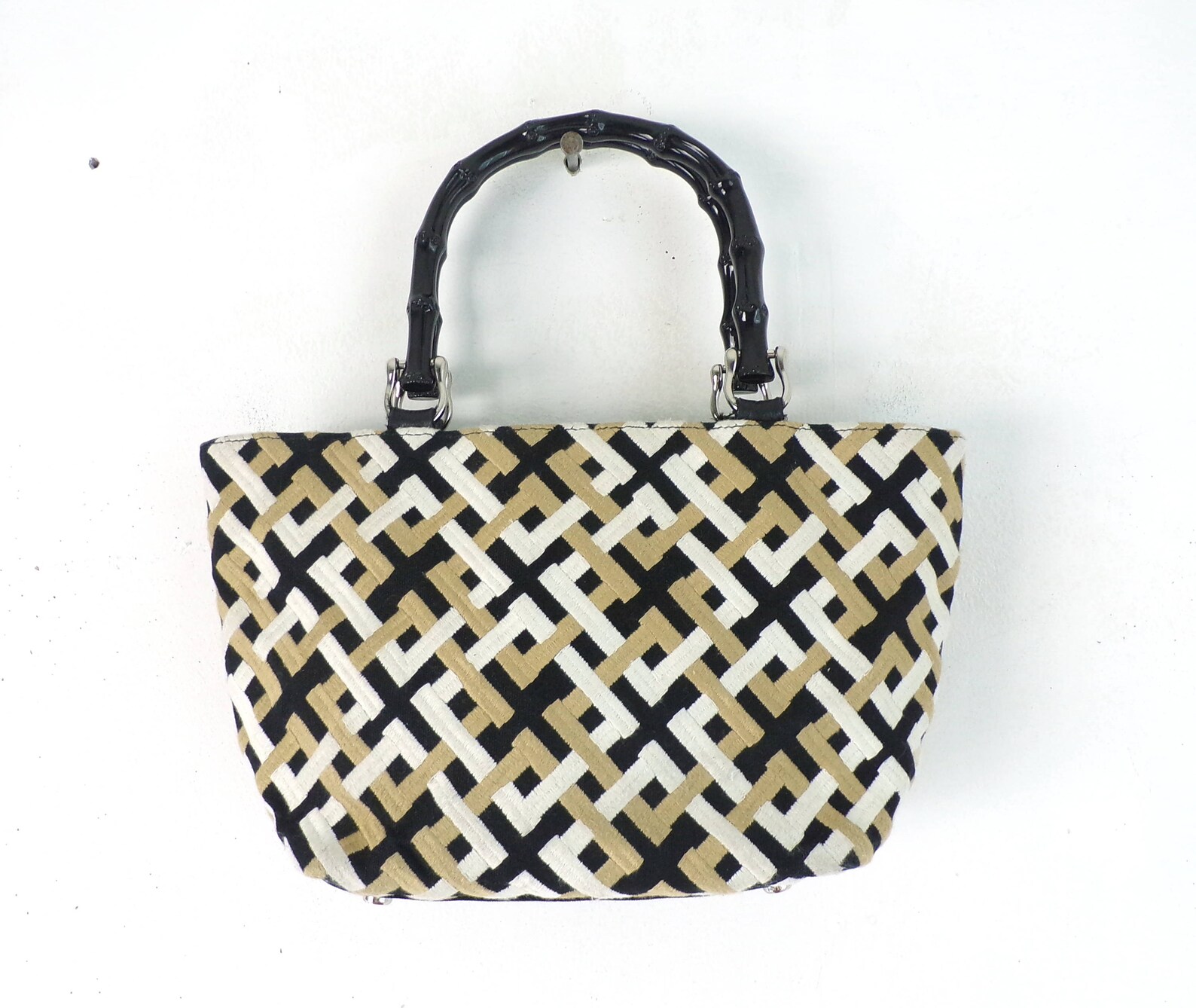 Embroidered Canvas Purse Geometric Lattice Pattern Fabric Bag Etsy