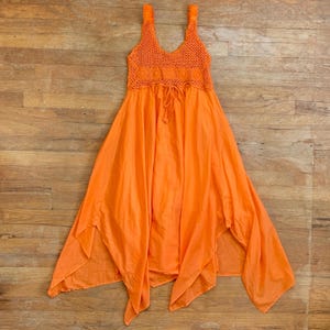 Vintage Orange Handkerchief Dress Size Small 1990s Macrame Bodice Gauze Cotton