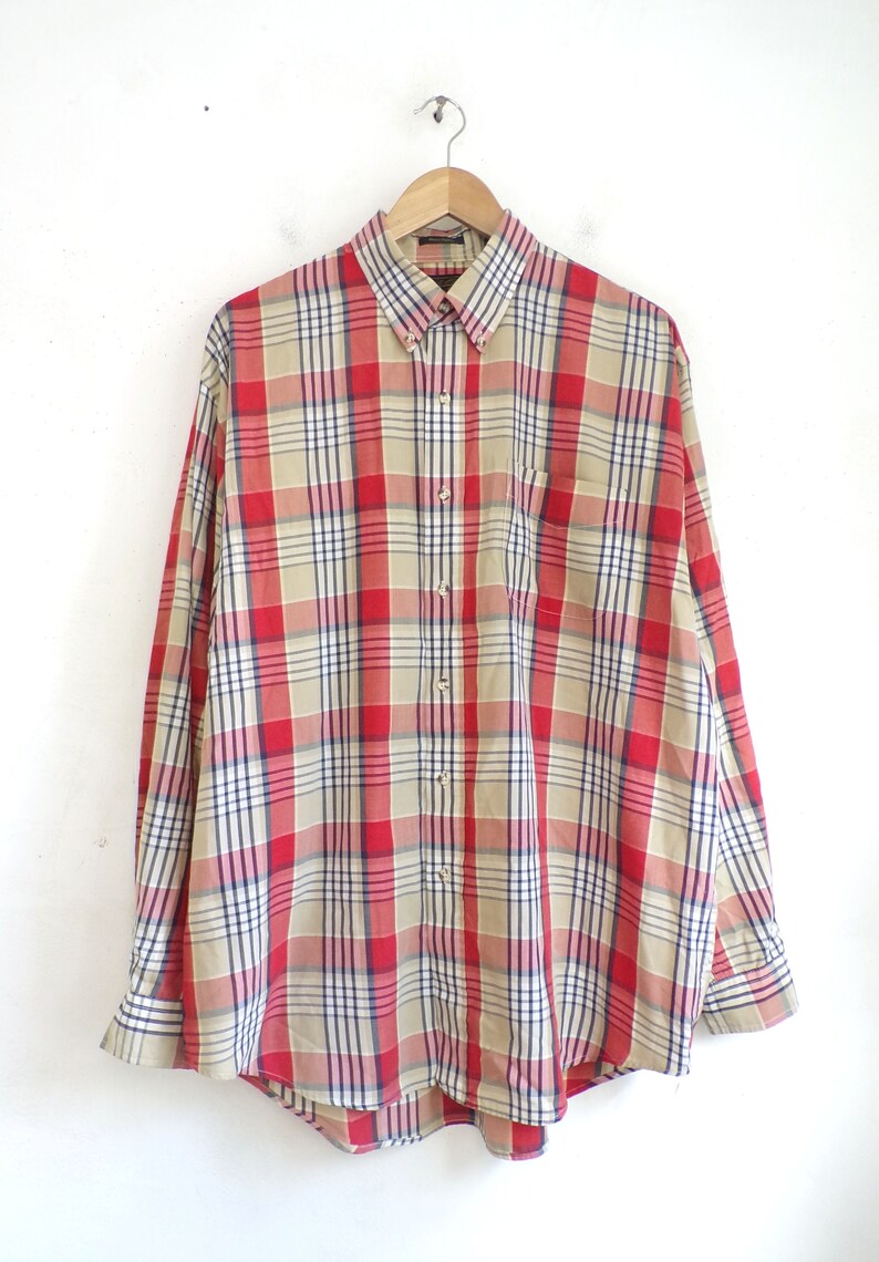 Vintage Mens Plaid Shirt 90s Red Tartan Poplin Long Sleeve Collared Button Down Dress Shirt Size XL Tall