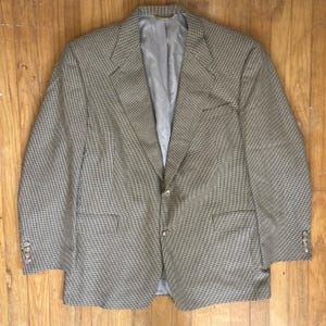 Vintage Mens Houndstooth Wool Blazer Size 44R 1980s Woven Beige/Black Sport Coat Suit Jacket