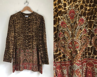 Vintage Python Print Blouse | 90s Paisley & Animal Print Rayon Button Down Shirt | Womens Size Medium